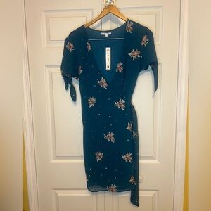 Willow & Clay Elizabeth Teal Embroidered Floral Wrap Dress NWT Size M